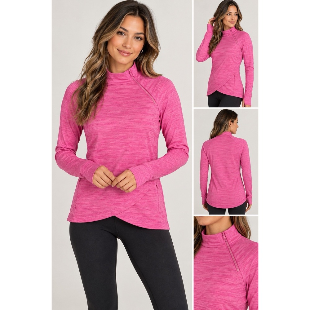 IBKUL Pullover Top Women Xs Pink UPF 50+ Sun Protection USA Patch Asymmetric Zip
